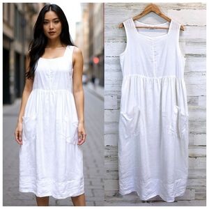 Vintage 90s DKNY Classic White Linen Midi Dress Sleeveless Pockets 12 Minimalist